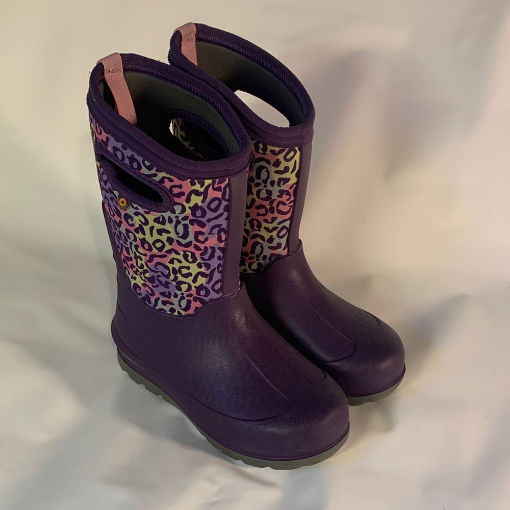 Bogs Purple Kids Rain Boots with Colorful Leopard Print, sz 2